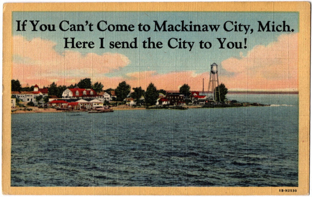 1941 Waterfront Skyline & Mackinaw City MI Postcard.