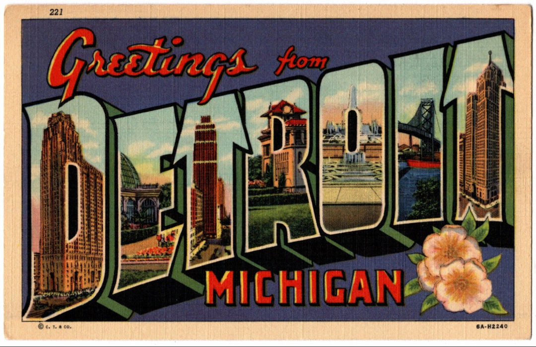 1936 Greetings from Detroit MI Large Letter Postcard.