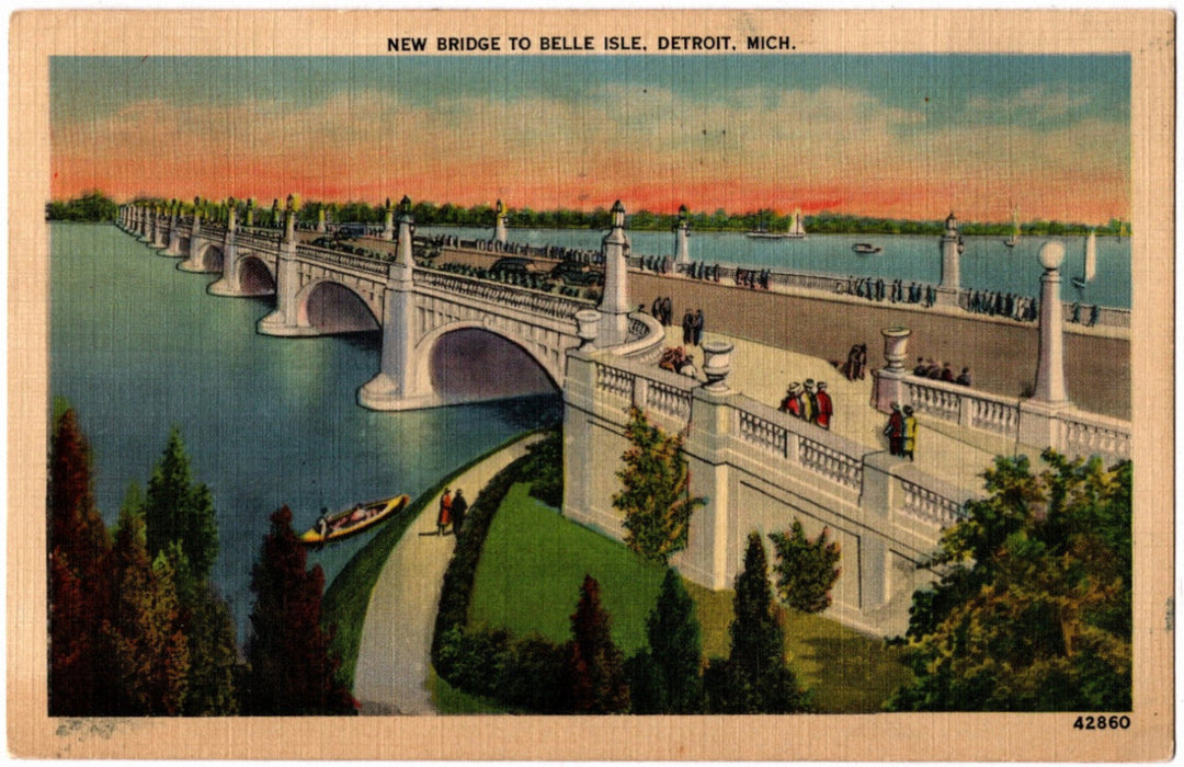 1939 New Bridge to Belle Isle Detroit MI Postcard.