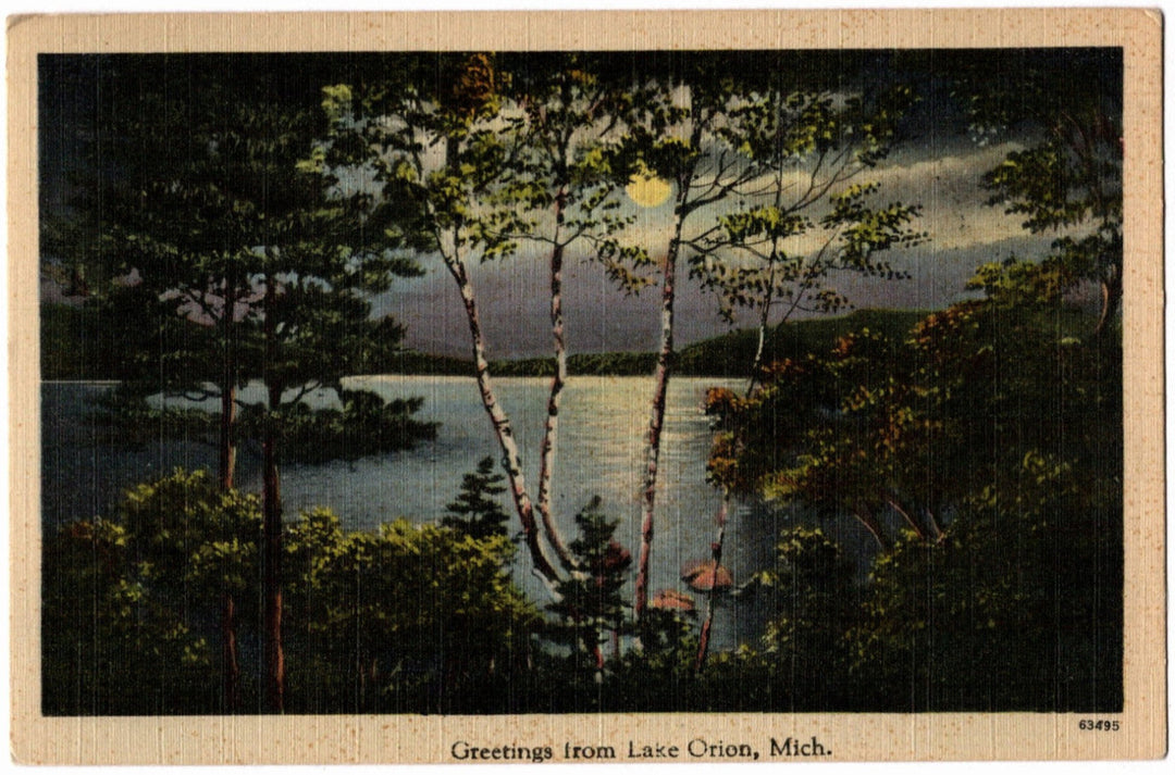 1944 Greetings from Lake Orion MI Vintage postcard.