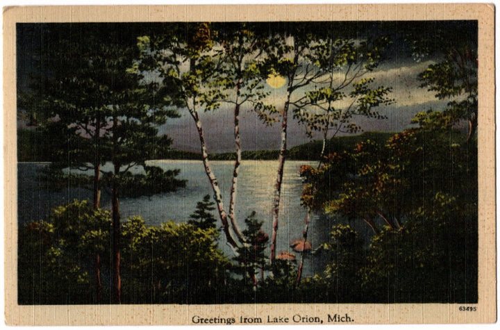 1944 Greetings from Lake Orion MI Vintage postcard.