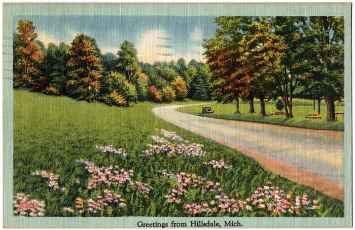 1945 Greetings from Hillsdale MI Postcard.
