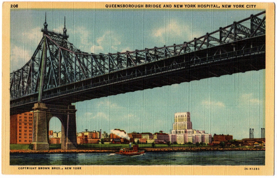 1933 Queensborough Bridge & Hospital New York, NY Postcard.