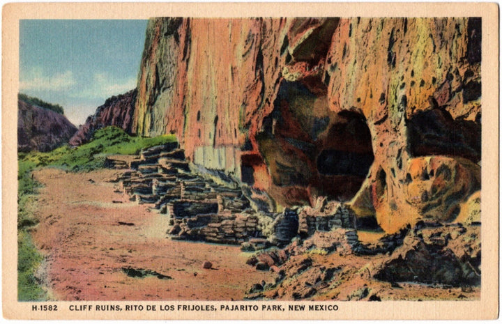 1937 Cliff Ruins Rito de los Frijoles Pajarito Park NM Postcard.