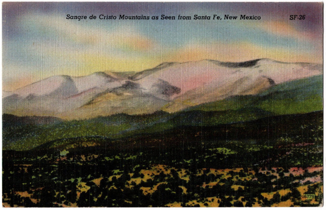Vintage postcard of the Sangre de Cristo Mountains from Santa Fe, New Mexico.