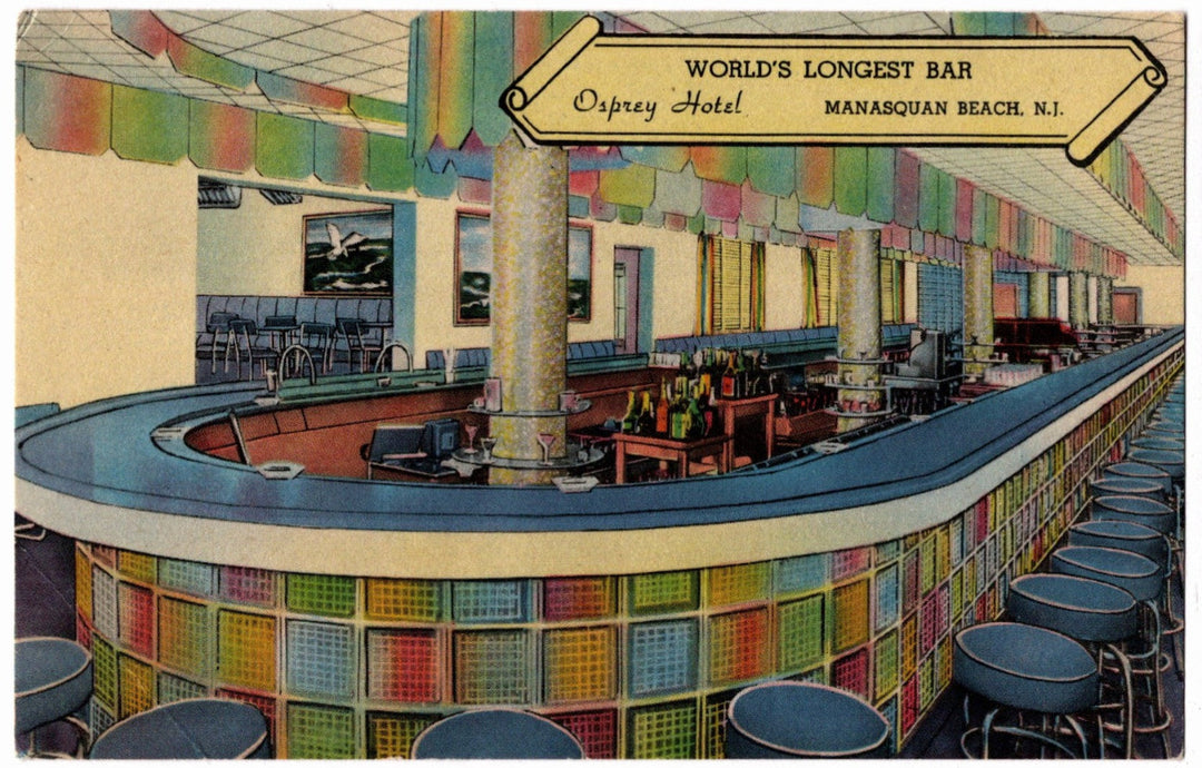 1948 "World's Longest Bar" New Osprey Hotel Manasquan Beach NJ Postcard.