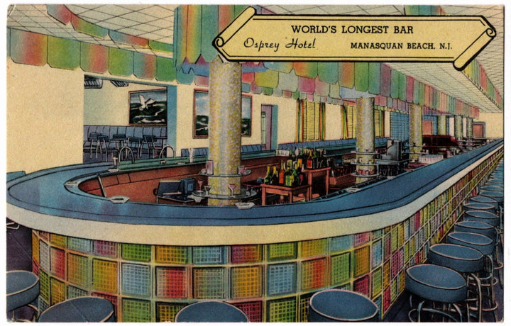 1948 "World's Longest Bar" New Osprey Hotel Manasquan Beach NJ Postcard.