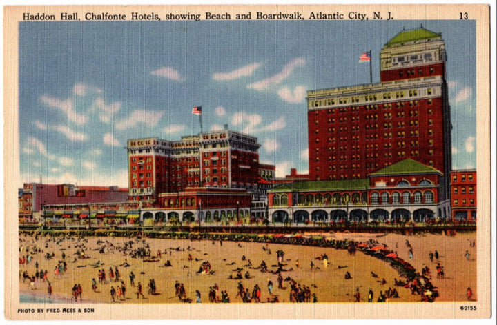 1944 Haddon Hall, Chalfonte Hotels & Beach Atlantic City NJ Postcard.