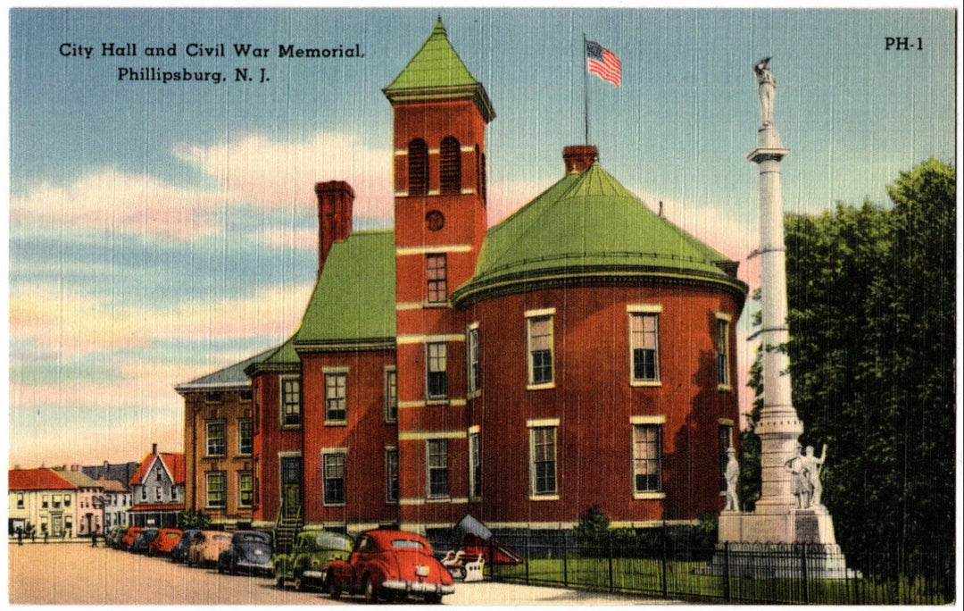 1948 City Hall and Civil War Memorial Phillipsburg NJ Postcard.