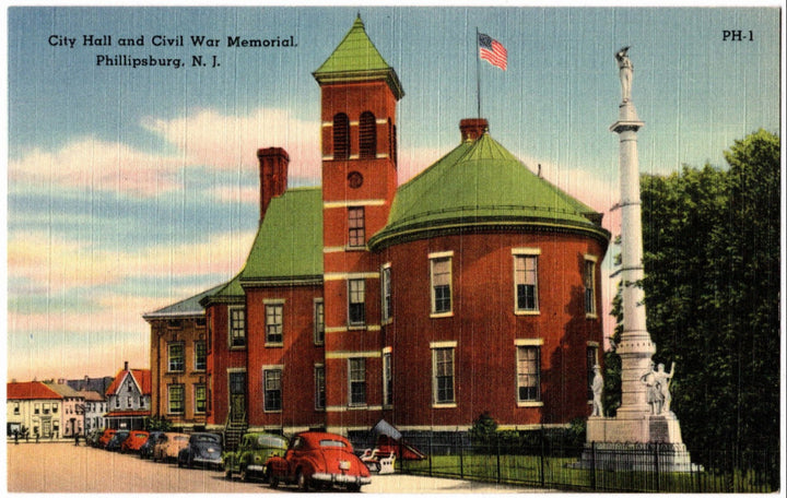 1948 City Hall and Civil War Memorial Phillipsburg NJ Postcard.