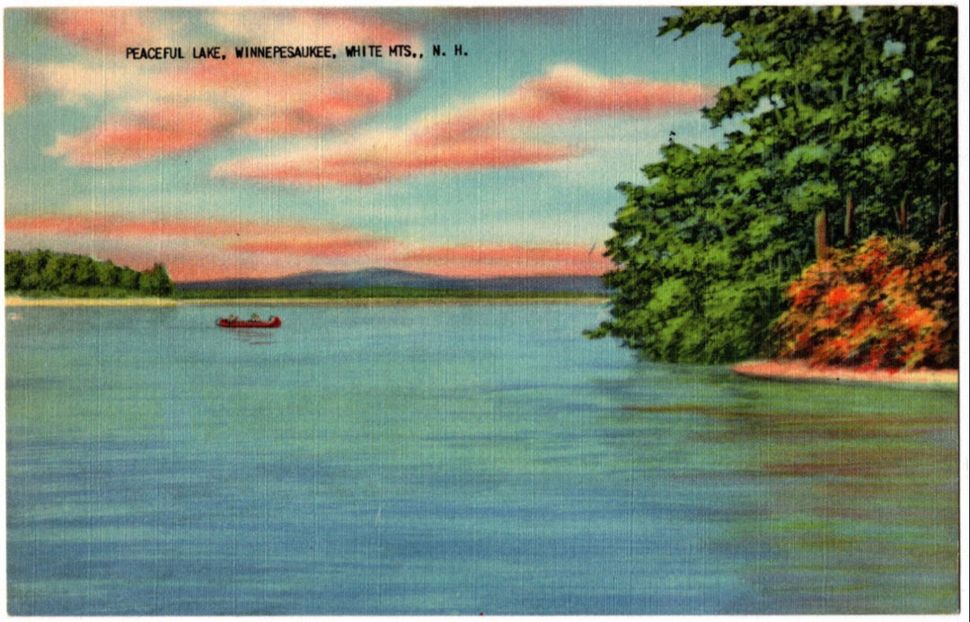 1930s Lake Winnipesaukee NH Postcard, canoe on lake.