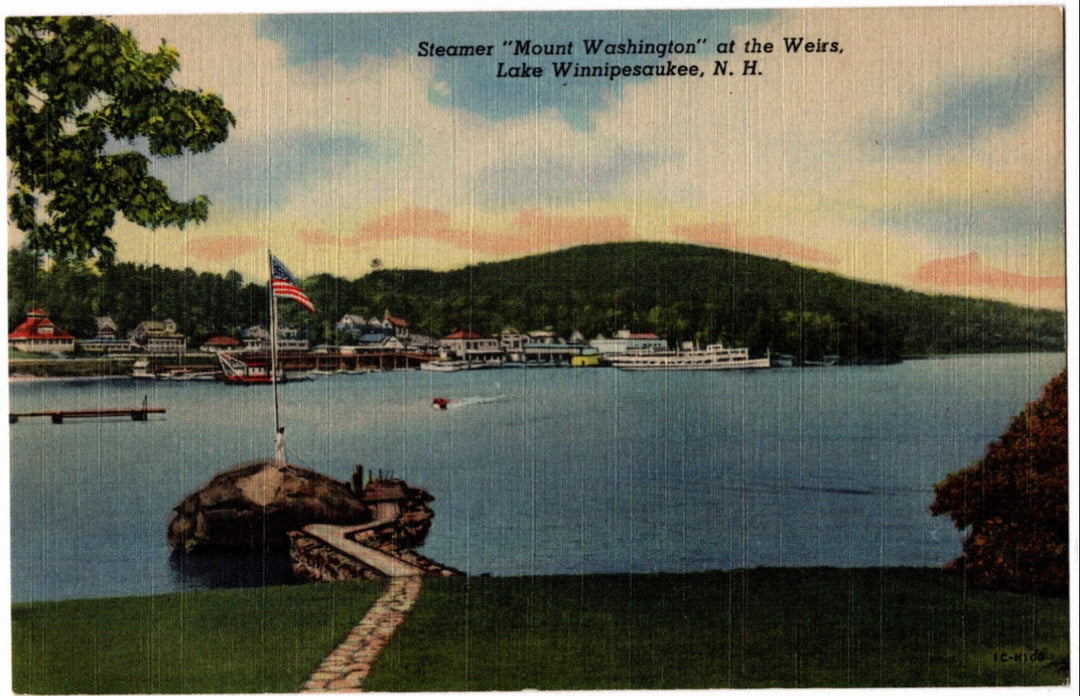 Vintage postcard of a lake scene with a steamer named 'Mount Washington' at the Weirs, Lake Winnipesaukee, N.H.