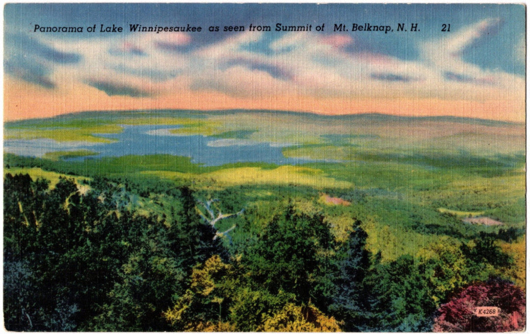 Vintage postcard of a scenic view of Lake Winnipesaukee from the summit of Mount Belknap, New Hampshire.