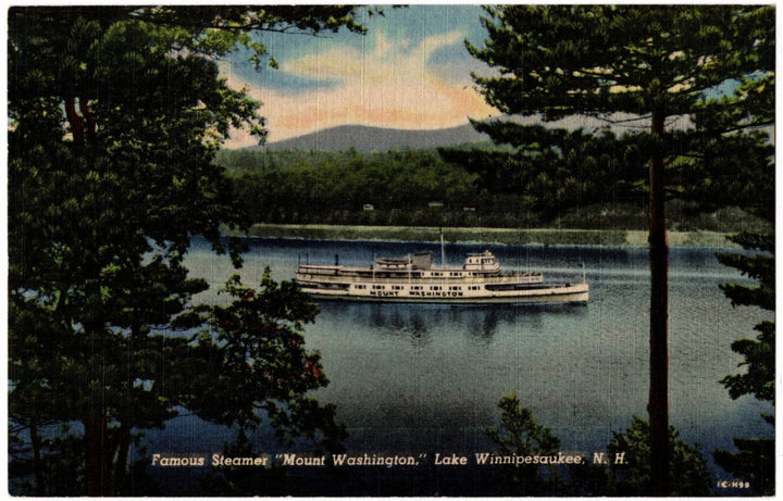 Vintage postcard of a steamboat on Lake Winnipesaukee with trees and mountains in the background.