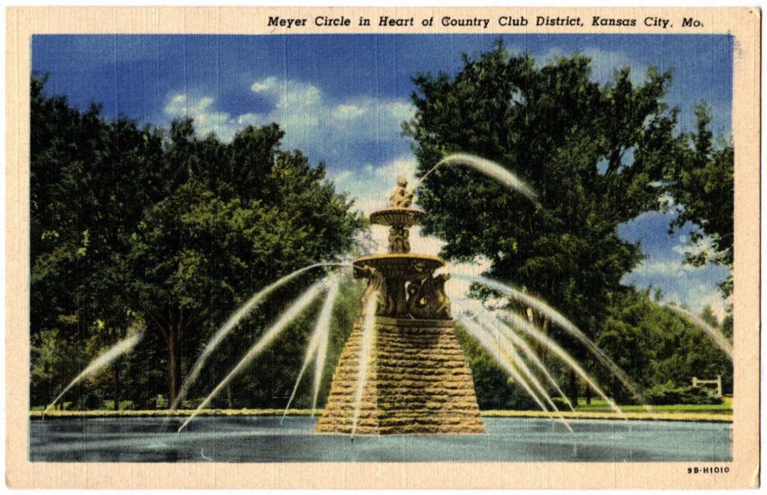 Fountain in a park with trees and blue sky, labeled 'Meyer Circle in Heart of Country Club District, Kansas City, Mo. postcard.