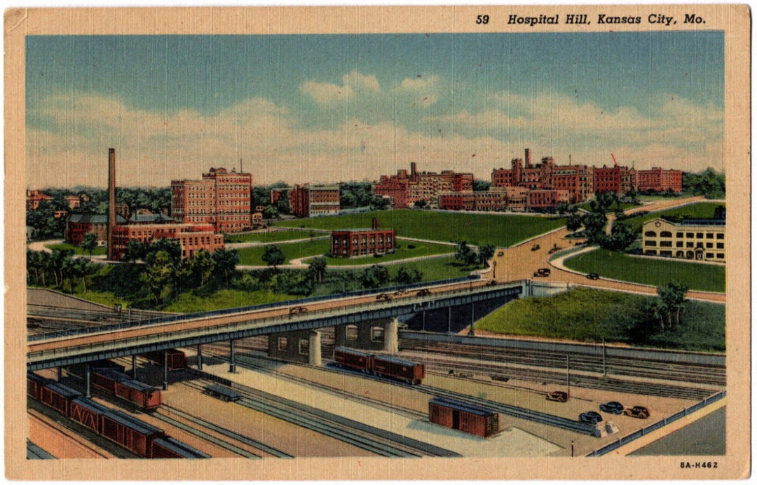 1938 Vintage postcard of Hospital Hill, Kansas City, MO with buildings and a bridge.