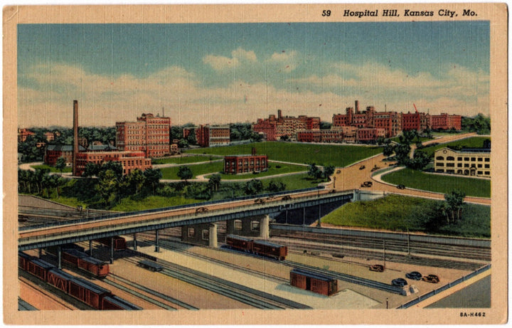 1938 Vintage postcard of Hospital Hill, Kansas City, MO with buildings and a bridge.