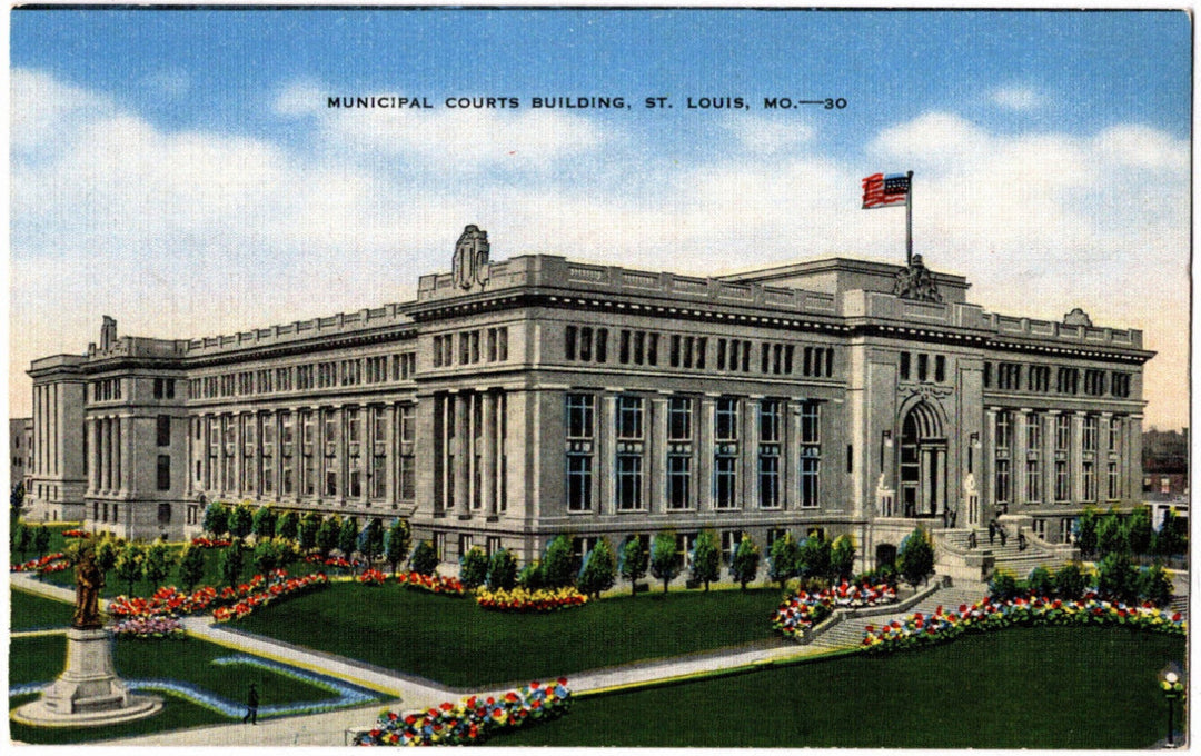 Municipal Courts Building in St. Louis, Missouri, with a clear sky background vintage postcard.