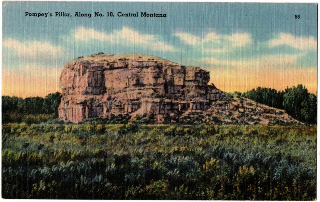 Vintage postcard of Pompey's Pillar in Central Montana with a clear sky.