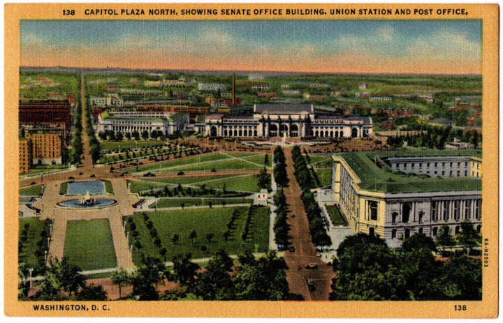 Vintage postcard of Capitol Plaza North with Senate Office Building, Union Station, and Post Office in Washington, D.C.