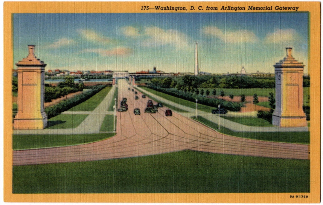 Vintage postcard of Washington, D.C. from Arlington Memorial Gateway with a scenic view of the city.