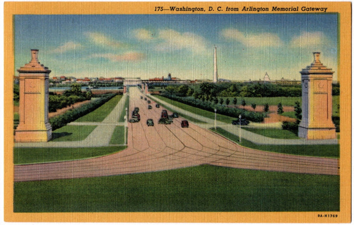 Vintage postcard of Washington, D.C. from Arlington Memorial Gateway with a scenic view of the city.