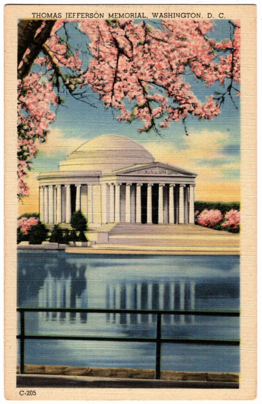 Vintage postcard of Thomas Jefferson Memorial with cherry blossoms in Washington, D.C.