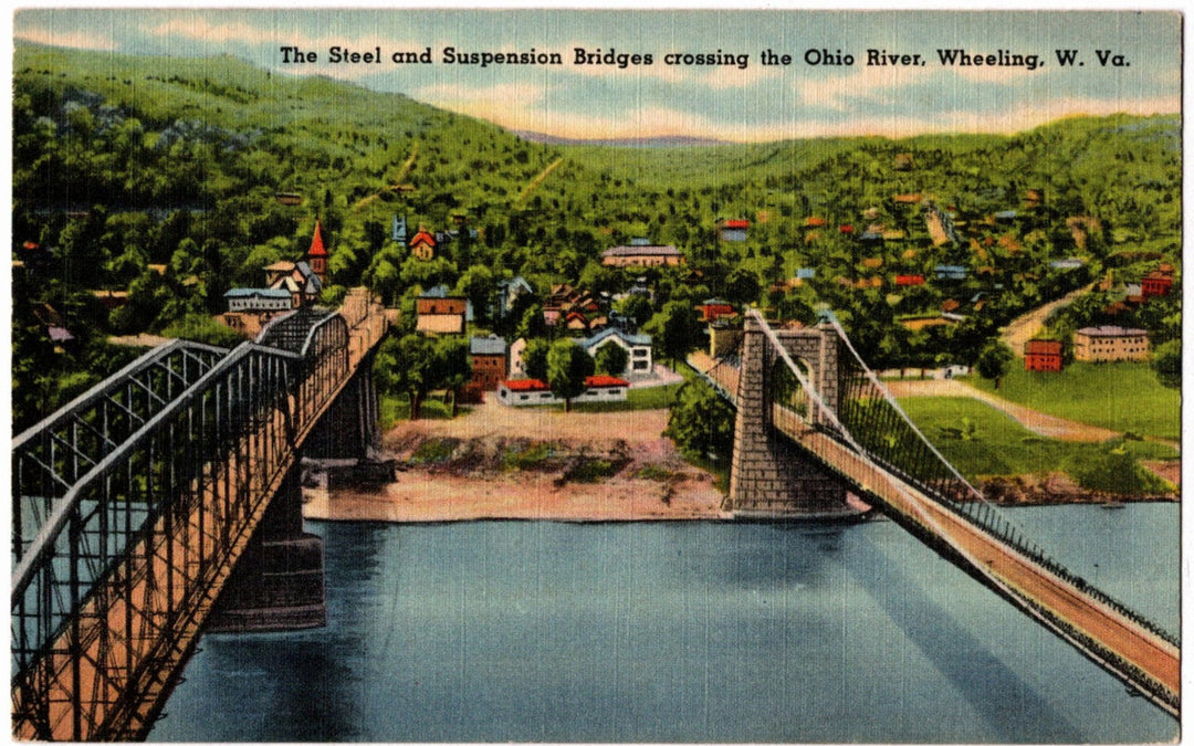 Vintage postcard of steel and suspension bridges crossing the Ohio River in Wheeling, W. Va.