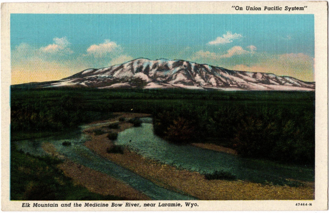 Vintage postcard of Elk Mountain and the Medicine Bow River near Laramie, Wyoming.