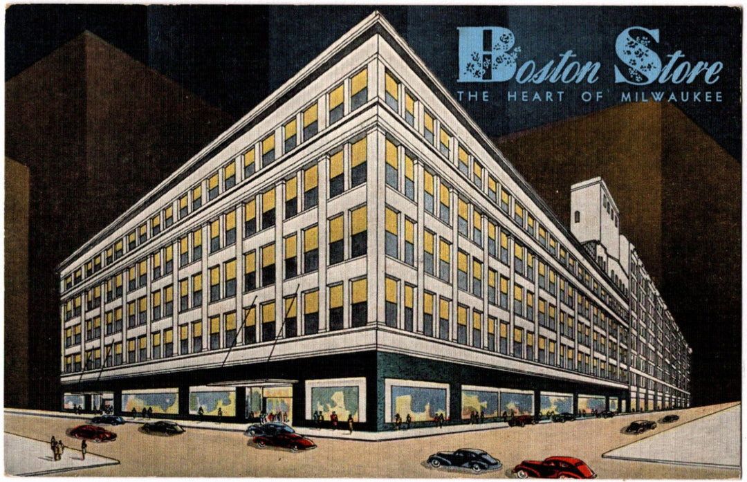 Vintage illustration of a large building labeled 'The Boston Store' in Milwaukee.