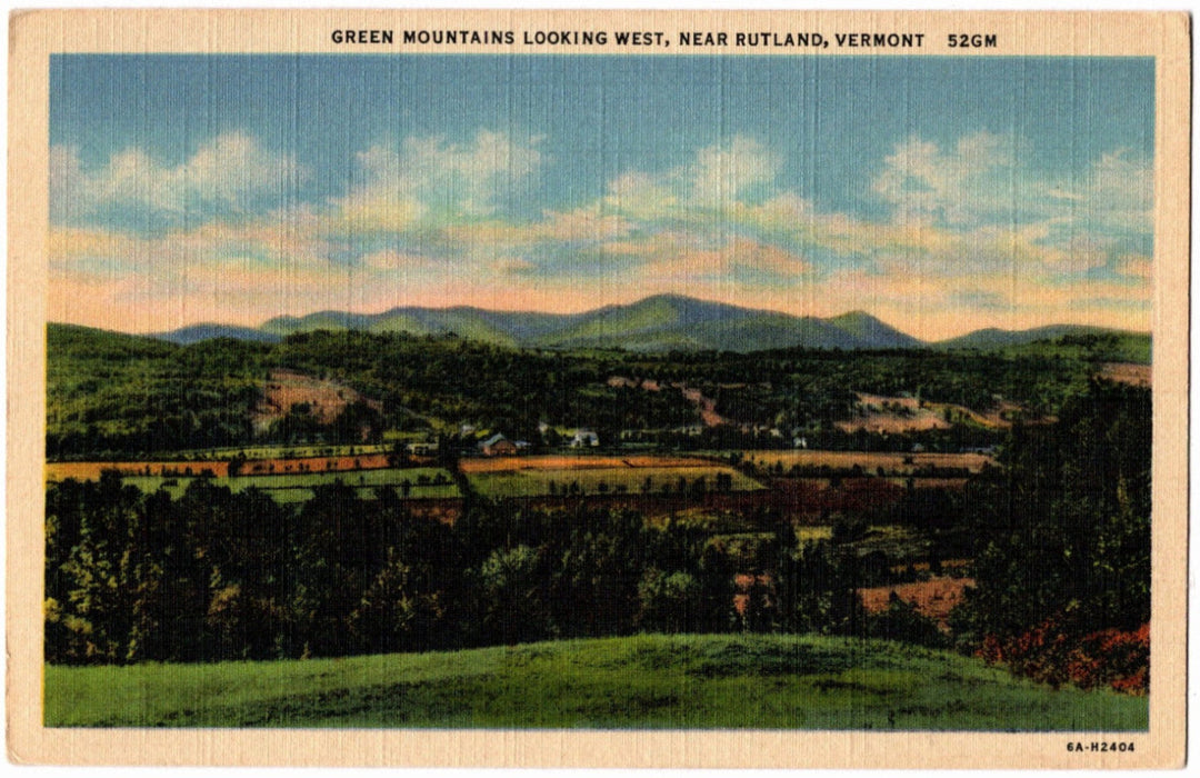 Vintage postcard of the Green Mountains looking west near Rutland, Vermont.