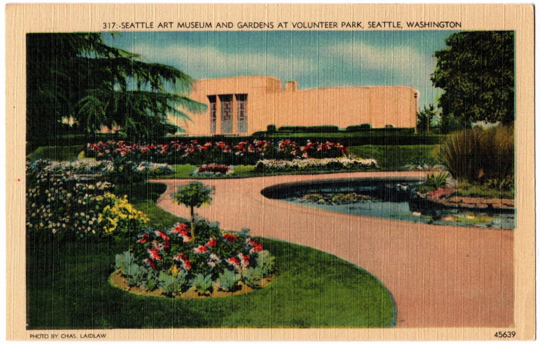 Vintage postcard of Seattle Art Museum and gardens at Volunteer Park, Seattle, Washington.