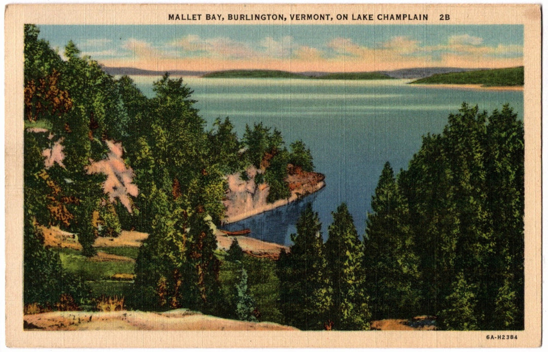 Vintage postcard of Mallet Bay, Burlington, Vermont, on Lake Champlain with trees and water.