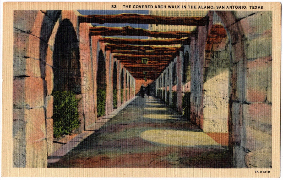 Covered arch walkway in The Alamo, San Antonio, Texas vintage postcard.