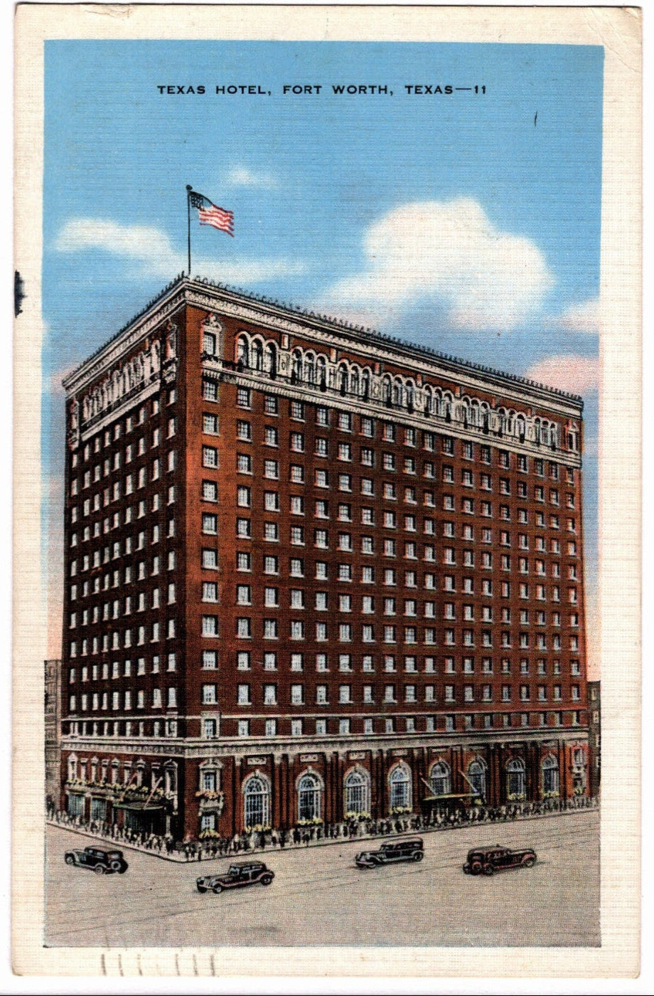Vintage postcard of the Texas Hotel in Fort Worth, Texas with a clear sky.
