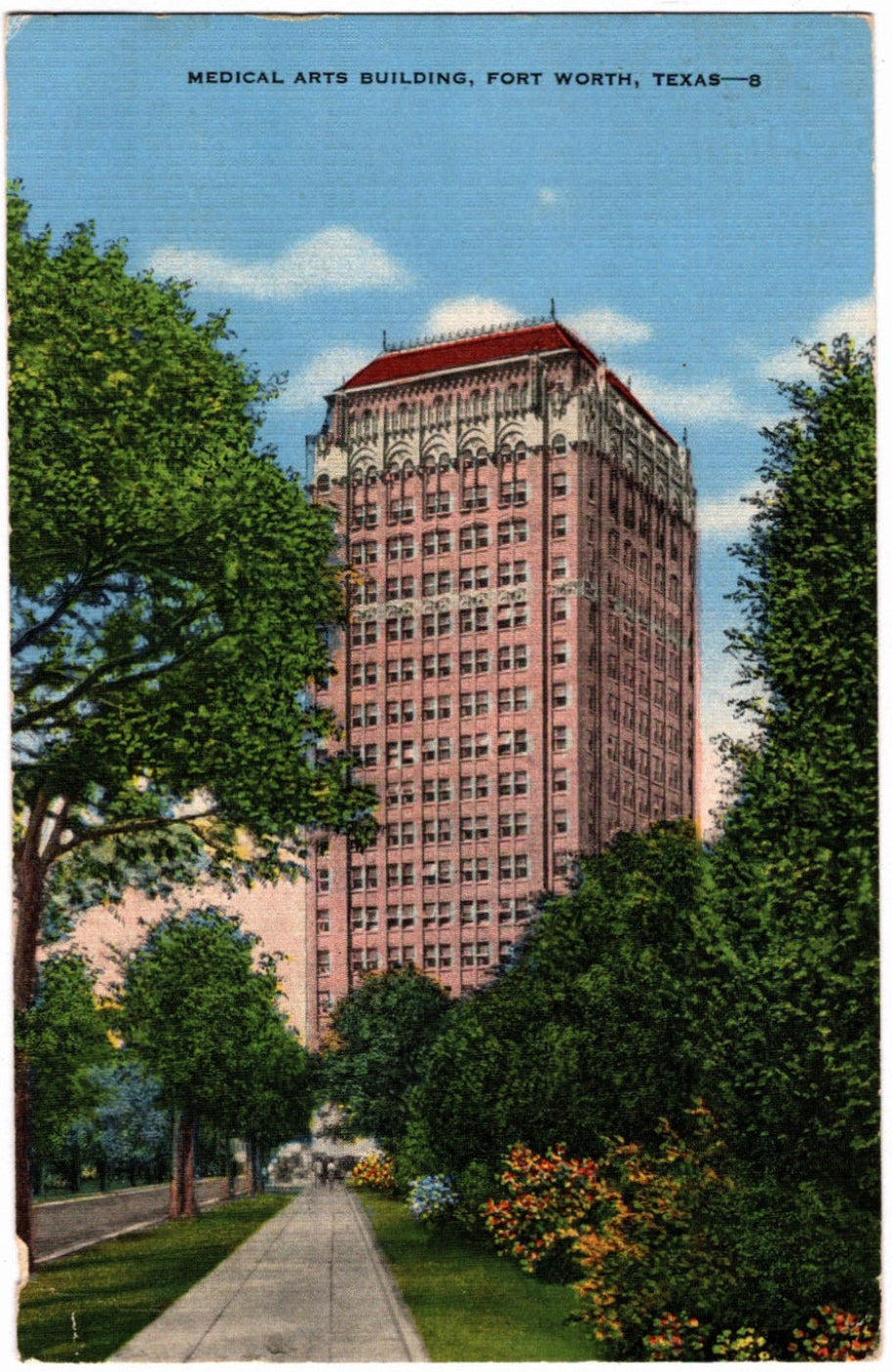 Vintage postcard of the Medical Arts Building in Fort Worth, Texas with trees and a pathway.