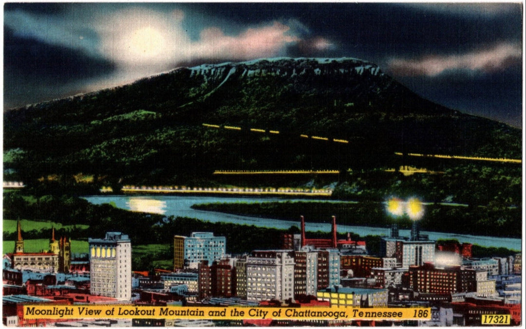 Vintage postcard of Chattanooga, Tennessee with a moonlit view of Lookout Mountain.
