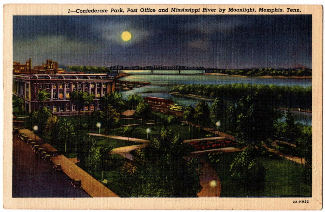 Vintage postcard of Confederate Park, Post Office, and Mississippi River by moonlight in Memphis, Tenn.