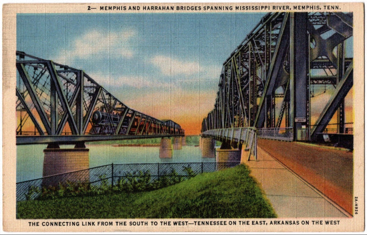 Vintage postcard of Memphis and Harrahan bridges spanning the Mississippi River, Memphis, Tenn.