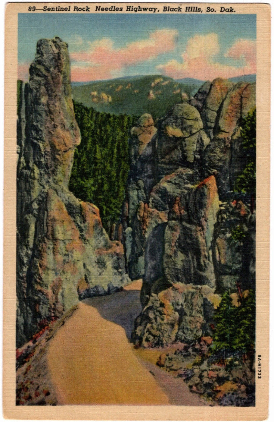 Vintage postcard of Sentinel Rock Needles Highway in the Black Hills, South Dakota.