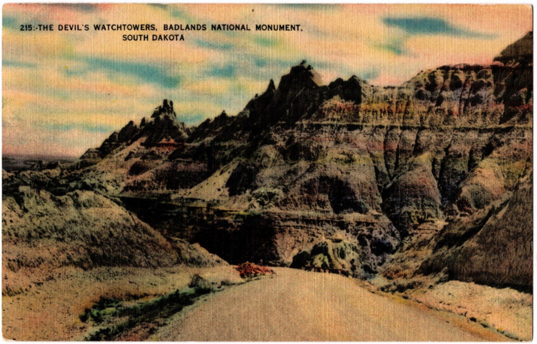 Vintage postcard of Devil's Watchtowers in Badlands National Monument, South Dakota.