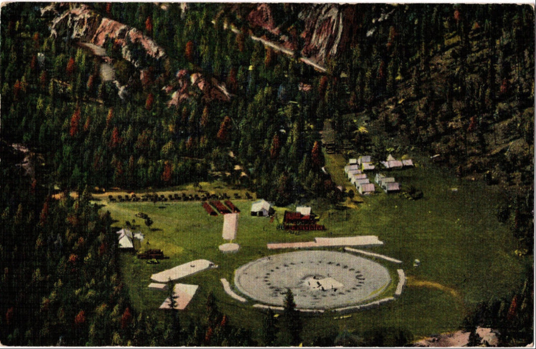 Vintage illustration of a scenic area with a fountain, trees, and buildings.