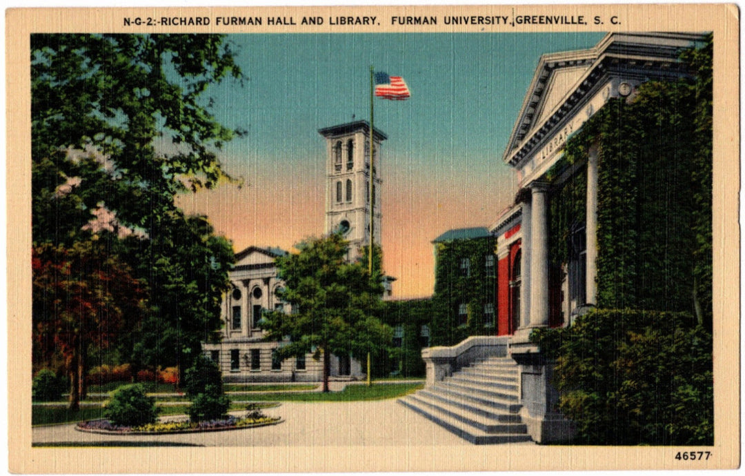 Vintage postcard of Richard Furman Hall and Library at Furman University, Greenville, SC.