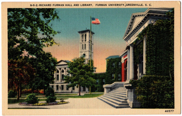 Vintage postcard of Richard Furman Hall and Library at Furman University, Greenville, SC.