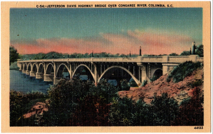 Vintage postcard of the Jefferson Davis Highway Bridge over Congaree River in Columbia, SC
