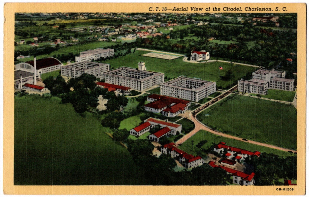 Aerial view of a campus with buildings and greenery, labeled 'C. T. 15 - Aerial View of the Citadel, Charleston, S. C'.