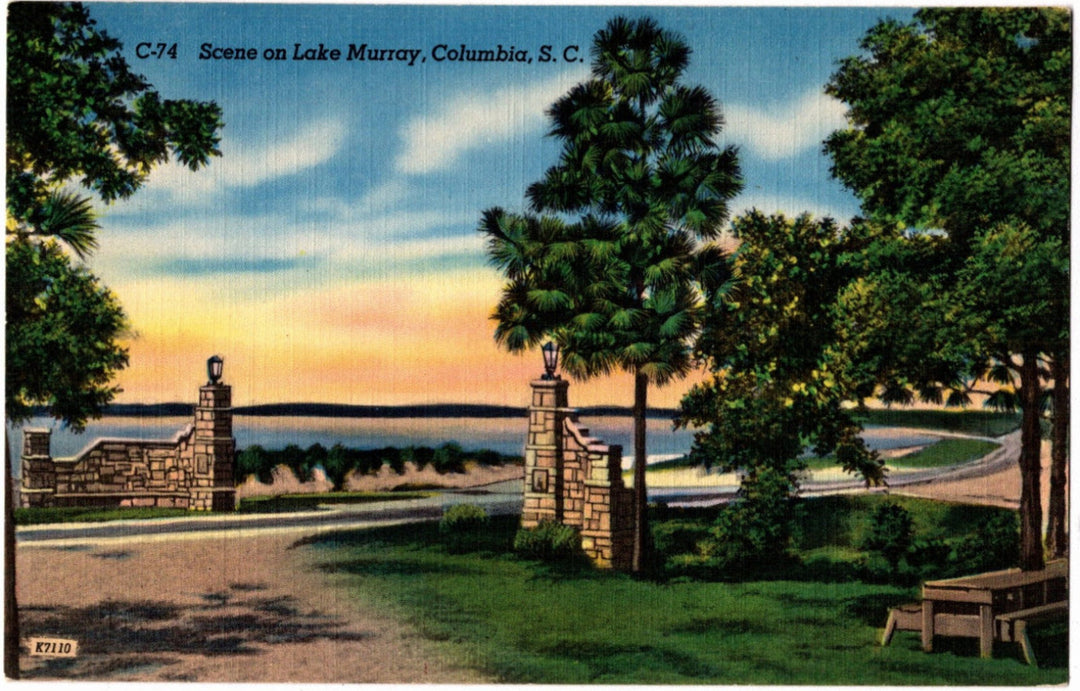 Vintage postcard of a scenic view of Lake Murray, Columbia, S.C. with trees and a sunset.