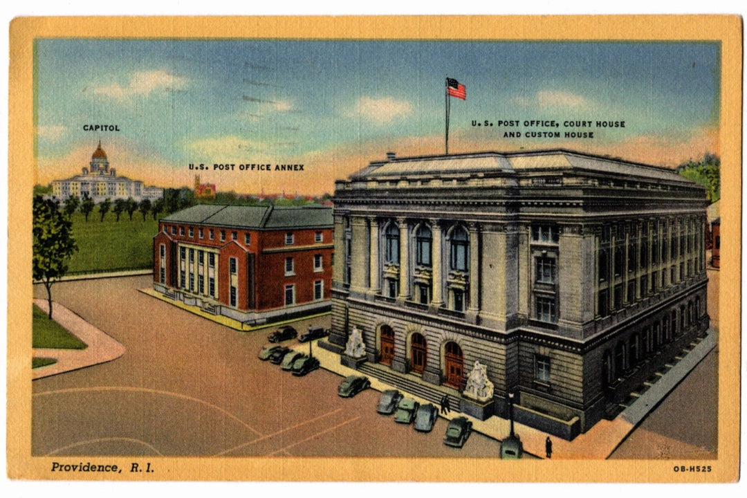 Vintage postcard of a U.S. Post Office, Court House, and Custom House in Providence, R.I.