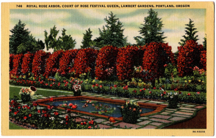 Vintage postcard of a garden with red rose bushes and a pond, featuring Lambert Gardens in Portland, Oregon.