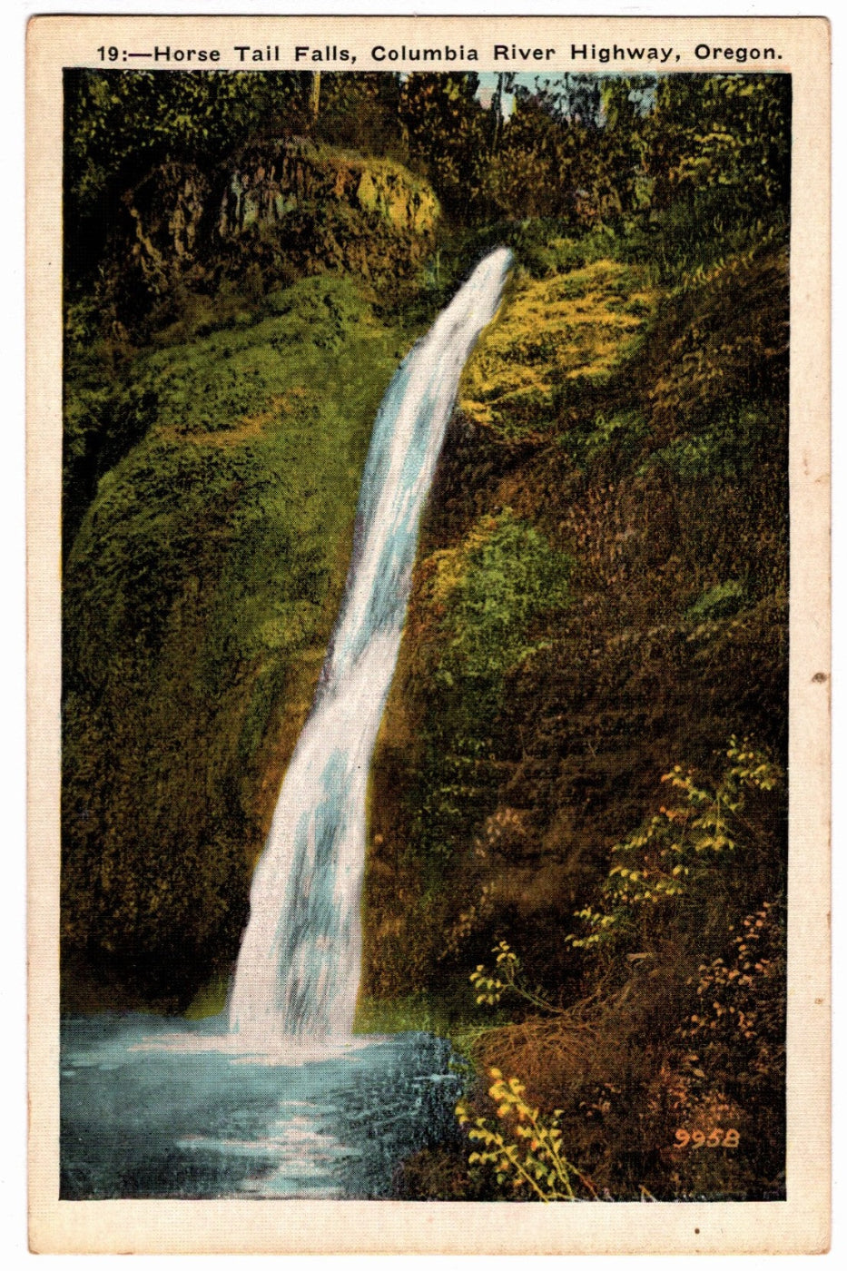 Vintage postcard of a waterfall in Horse Tail Falls, Columbia River Highway, Oregon.